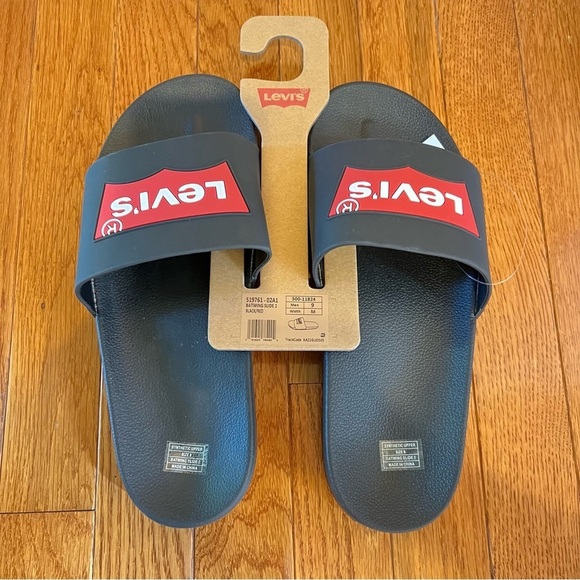 LEVIS Mens Batwing Slide 2 Black & Red Synthetic Upper Slippers Logo Size: 11,12 - Picture 3 of 15